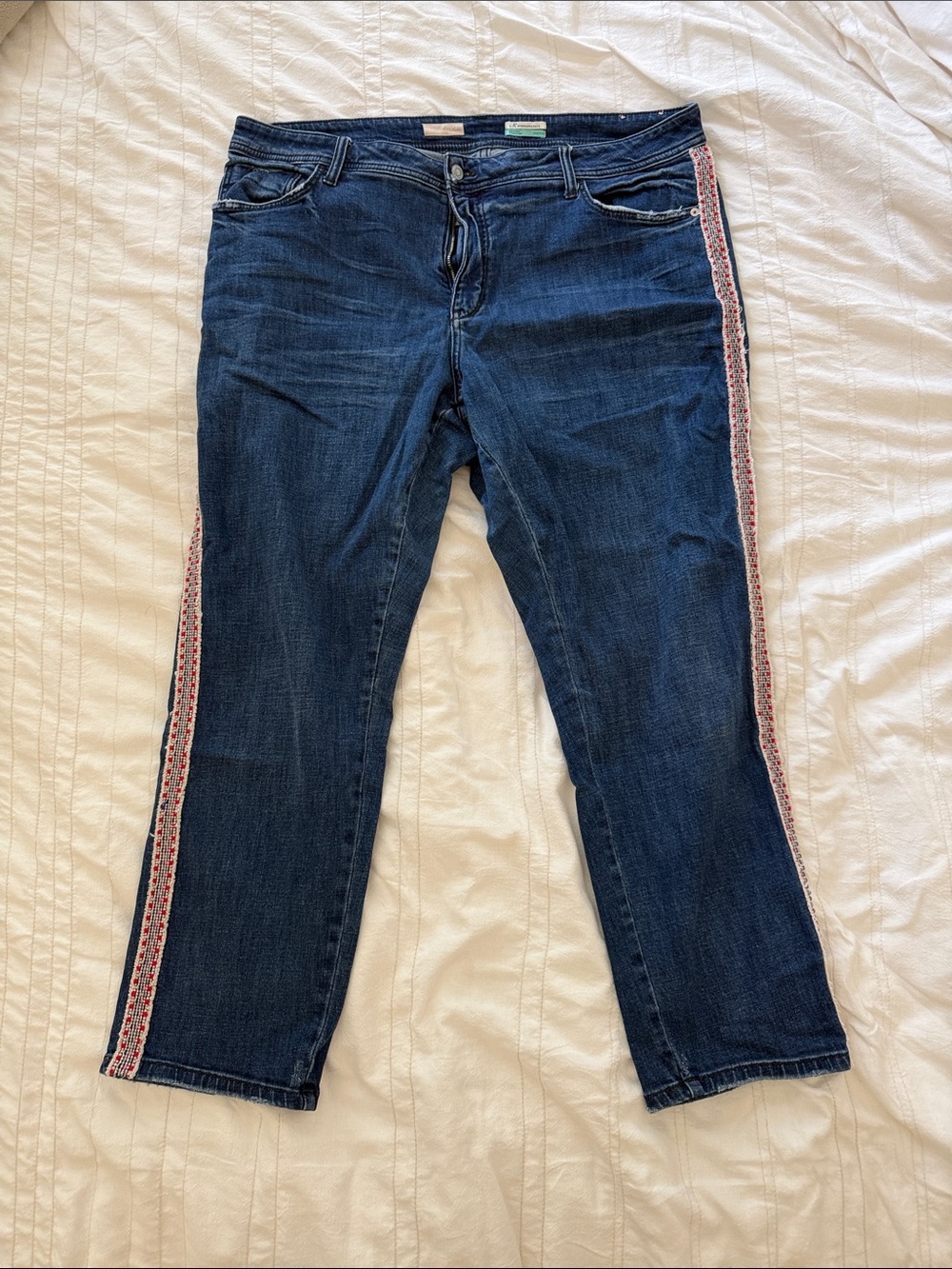 Anthropologie Dark Blue Straight-Leg Jeans with Pink-Trim Side Stripe